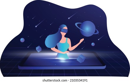 Metaverse digital virtual reality and augmented reality technology, woman wearing virtual reality headset glasses connecting to virtual space and universe vector illustration