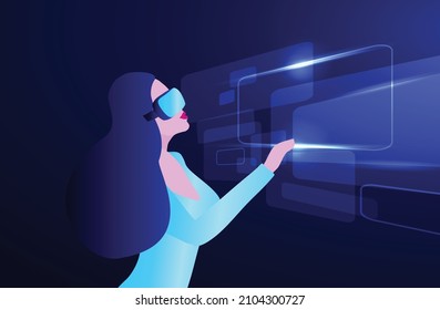 Metaverse digital virtual reality and augmented reality technology, woman wearing virtual reality headset glasses vector illustration
