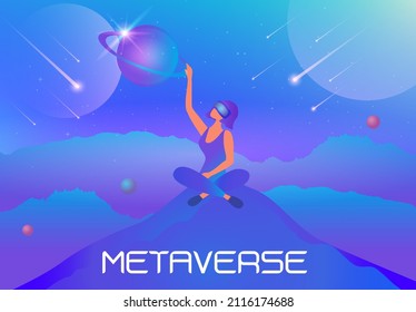 Metaverse digital virtual reality and augmented reality technology, woman wearing virtual reality headset glasses connecting to virtual space and universe vector illustration