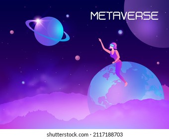 Metaverse digital virtual reality and augmented reality technology, woman wearing virtual reality headset glasses connecting to virtual space and universe vector illustration