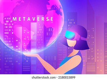 Metaverse digital virtual reality and augmented reality technology, woman wearing virtual reality headset glasses connecting to virtual space and universe vector illustration
