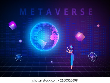 Metaverse digital virtual reality and augmented reality technology, woman wearing virtual reality headset glasses connecting to virtual space and universe vector illustration
