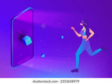 Metaverse digital virtual reality and augmented reality technology, woman wearing virtual reality headset glasses connecting to virtual space and universe vector illustration