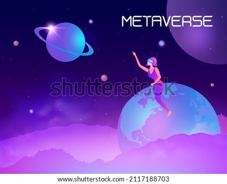 Metaverse digital virtual reality and augmented reality technology, woman wearing virtual reality headset glasses connecting to virtual space and universe vector illustration