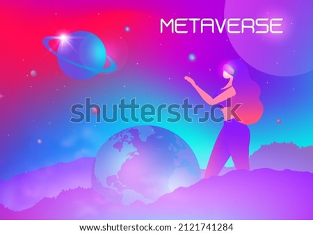 Metaverse digital virtual reality and augmented reality technology, woman wearing virtual reality headset glasses connecting to virtual space and universe vector illustration