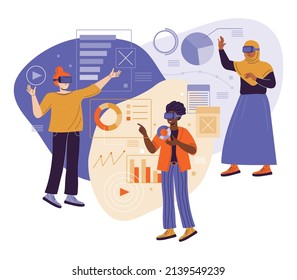 Metaverse Digital virtual reality. Multicultural womens team working with business data in virtual reality using VR headset and futuristic glasses. Break The Science Bias. Flat vector illustration.