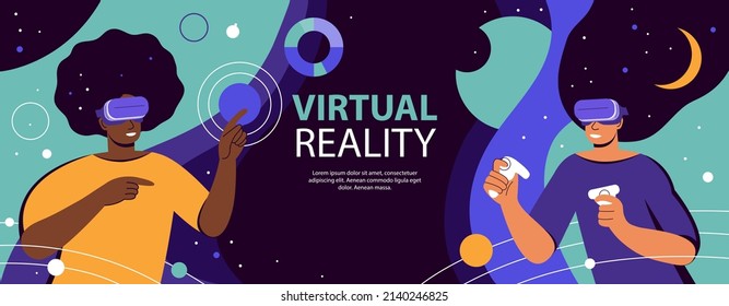 Metaverse digital virtual reality. Multicultural womens team working in VR headset and futuristic glasses. Outer space, planets and stars. Break The Science Bias. Colorful flat vector illustration