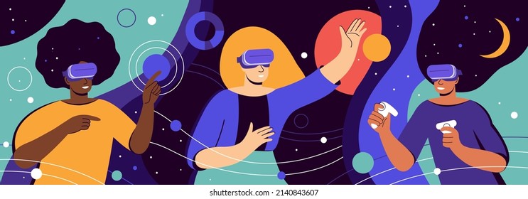 Metaverse digital virtual reality. Multicultural women's team working in VR headset and futuristic glasses. Outer space, planets and stars. Break The Science Bias. Colorful flat vector illustration