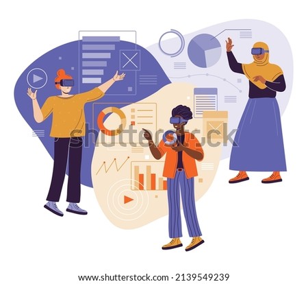 Metaverse Digital virtual reality. Multicultural womens team working with business data in virtual reality using VR headset and futuristic glasses. Break The Science Bias. Flat vector illustration.