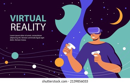 Metaverse Digital virtual reality simulation. Woman in VR headset and futuristic glasses in outer space among planets and stars. Break The Science Bias. Colorful flat vector illustration, poster