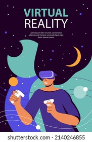 Metaverse Digital virtual reality simulation. Woman in VR headset and futuristic glasses in outer space among planets and stars. Break The Science Bias. Colorful flat vector illustration, poster