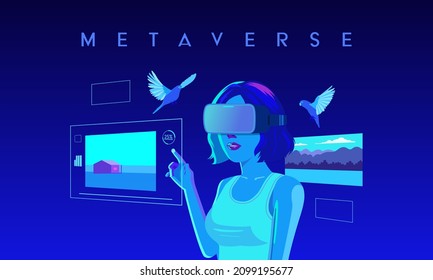 Metaverse Digital Virtual Reality Technology of a woman wearing digital glasses connected to a virtual space. cyber digital technology