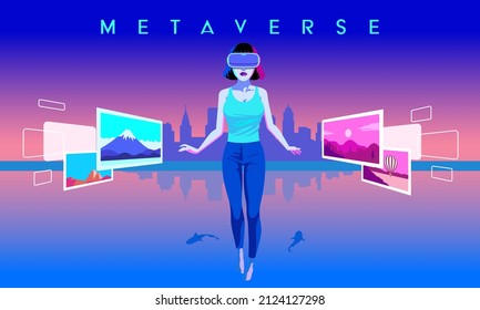 Metaverse Digital Virtual Reality Technology Women wearing glasses and digital headphones connect the virtual space. on the city background with water digital cyber technology