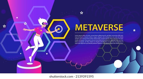 Metaverse Digital Virtual Reality Technology concept banner. Woman with glasses and a headset VR connected to the virtual space of metaverse. Female touched digital virtual screen. Vector illustration