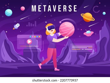 Metaverse Digital Virtual Reality Technology wears VR Glasses for Future Innovation and Communication in Hand Drawn Flat Cartoon Illustration