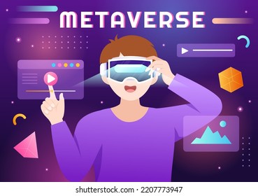Metaverse Digital Virtual Reality Technology usa VR Glasses para futuras innovaciones y comunicaciones en ilustración de dibujos planos de mano