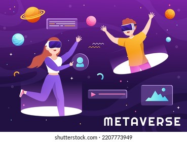 Metaverse Digital Virtual Reality Technology wears VR Glasses for Future Innovation and Communication in Hand Drawn Flat Cartoon Illustration