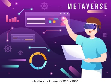 Metaverse Digital Virtual Reality Technology usa VR Glasses para futuras innovaciones y comunicaciones en ilustración de dibujos planos de mano