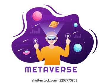 Metaverse Digital Virtual Reality Technology wears VR Glasses for Future Innovation and Communication in Hand Drawn Flat Cartoon Illustration