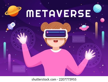 Metaverse Digital Virtual Reality Technology wears VR Glasses for Future Innovation and Communication in Hand Drawn Flat Cartoon Illustration