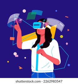 Metaverse Digital Virtual Reality Technology of a woman with glasses and a headset VR connected to the virtual space