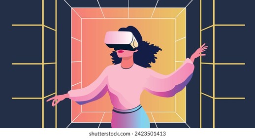Metaverse Digital Virtual Reality Technology of a woman with glasses and a headset VR. Interaction and exploration of the virtual world