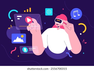 Metaverse Digital Virtual Reality Technology Vector Illustration featuring a Person Wearing VR Glasses for Future Innovation and Communication