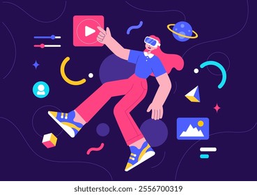 Metaverse Digital Virtual Reality Technology Vector Illustration featuring a Person Wearing VR Glasses for Future Innovation and Communication