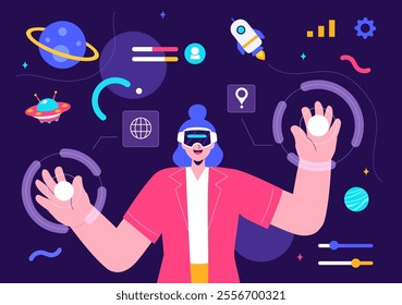 Metaverse Digital Virtual Reality Technology Vector Illustration featuring a Person Wearing VR Glasses for Future Innovation and Communication