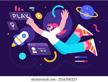 Metaverse Digital Virtual Reality Technology Vector Illustration featuring a Person Wearing VR Glasses for Future Innovation and Communication