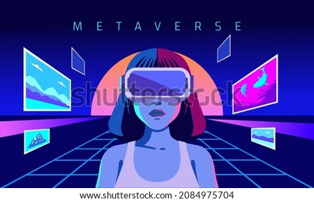 Metaverse Digital Virtual Reality Technology of a woman with glasses and a headset VR connected to the virtual space