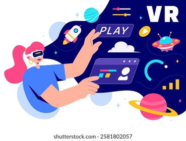 Metaverse Digital Virtual Reality Vector Illustration of a Person Wearing VR Glasses, Exploring Future Innovation and Communication in a Background