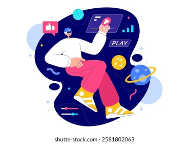Metaverse Digital Virtual Reality Vector Illustration of a Person Wearing VR Glasses, Exploring Future Innovation and Communication in a Background