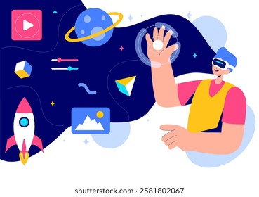 Metaverse Digital Virtual Reality Vector Illustration of a Person Wearing VR Glasses, Exploring Future Innovation and Communication in a Background