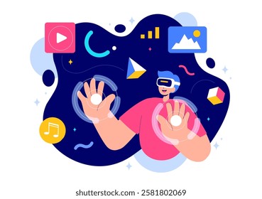 Metaverse Digital Virtual Reality Vector Illustration of a Person Wearing VR Glasses, Exploring Future Innovation and Communication in a Background
