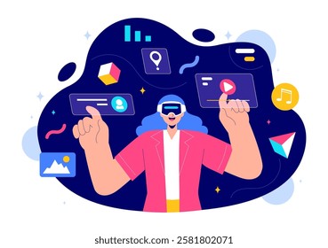 Metaverse Digital Virtual Reality Vector Illustration of a Person Wearing VR Glasses, Exploring Future Innovation and Communication in a Background