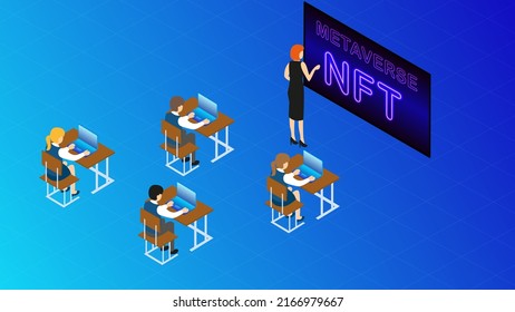 Metaverse education idea concept. Students in metaverse technology and nft education in isometric classroom environment. Isometric vector for banner, website, landing page, flyer template.