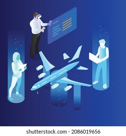 Metaverse engineering designing an aeroplane isometric 3d vector concept for banner, website, illustration, landing page, flyer, etc.