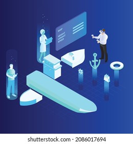 Metaverse engineering designing ship or boat in virtual world isometric 3d vector concept for banner, website, illustration, landing page, flyer, etc.