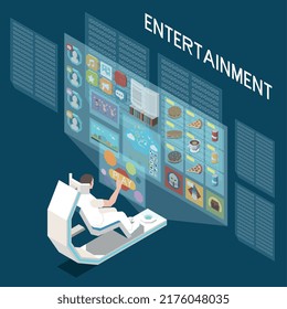 Metaverse entertainment concept with man playing game communicating delivering food in virtual reality 3d isometric vector illustration
