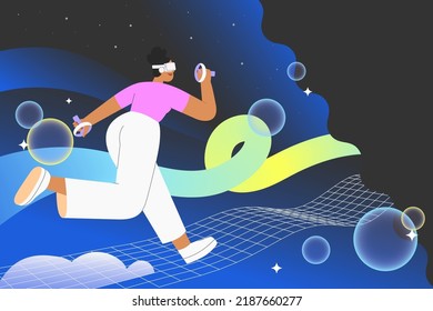 Metaverse entertainment. Flat vector illustration with woman wearing virtual reality glasses and VR headsets, interacting and creating a virtual world. Concept of future innovations.