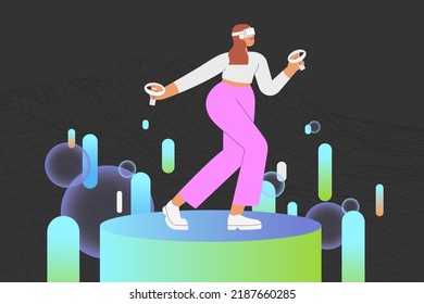 Metaverse entertainment. Flat vector illustration with woman wearing virtual reality glasses and VR headsets, interacting and exploring a virtual world. Concept of future innovations.