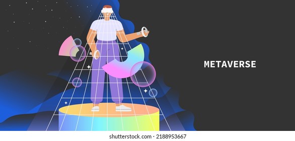 Metaverse entertainment. Flat vector illustration with male character wearing virtual reality glasses and VR headsets, interacting and  creating a virtual world. Concept of future innovations.