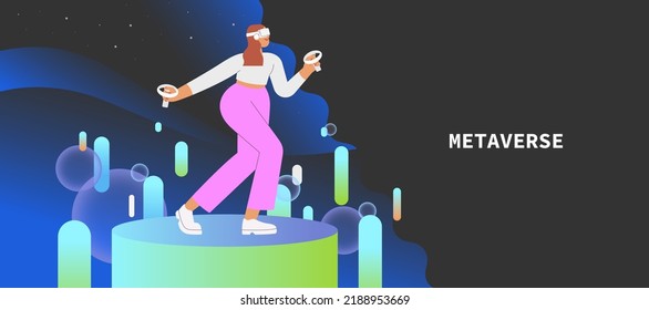 Metaverse entertainment. Flat vector illustration with woman wearing virtual reality glasses and VR headsets, interacting and exploring a virtual world. Concept of future innovations.