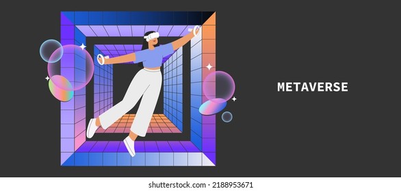 Metaverse entertainment. Flat vector illustration with woman wearing virtual reality glasses and VR headsets, interacting and exploring a virtual world. Concept of future innovations.