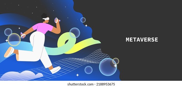 Metaverse entertainment. Flat vector illustration with woman wearing virtual reality glasses and VR headsets, interacting and creating a virtual world. Concept of future innovations.