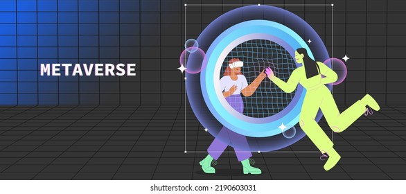 Metaverse entertainment. Flat vector illustration with woman wearing virtual reality glasses creating and interacting her digital avatar. Concept of future innovations.