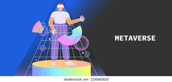 Metaverse entertainment. Flat vector illustration with male character wearing virtual reality glasses and VR headsets, interacting and  creating a virtual world. Concept of future innovations.