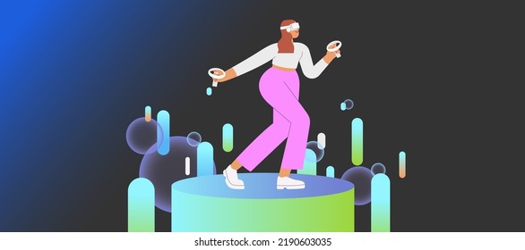Metaverse entertainment. Flat vector illustration with woman wearing virtual reality glasses and VR headsets, interacting and exploring a virtual world. Concept of future innovations.