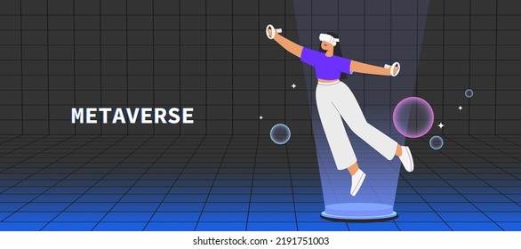 Metaverse entertainment. Flat vector illustration with woman wearing virtual reality glasses and VR headsets, interacting and exploring a virtual world. Concept of future innovations.